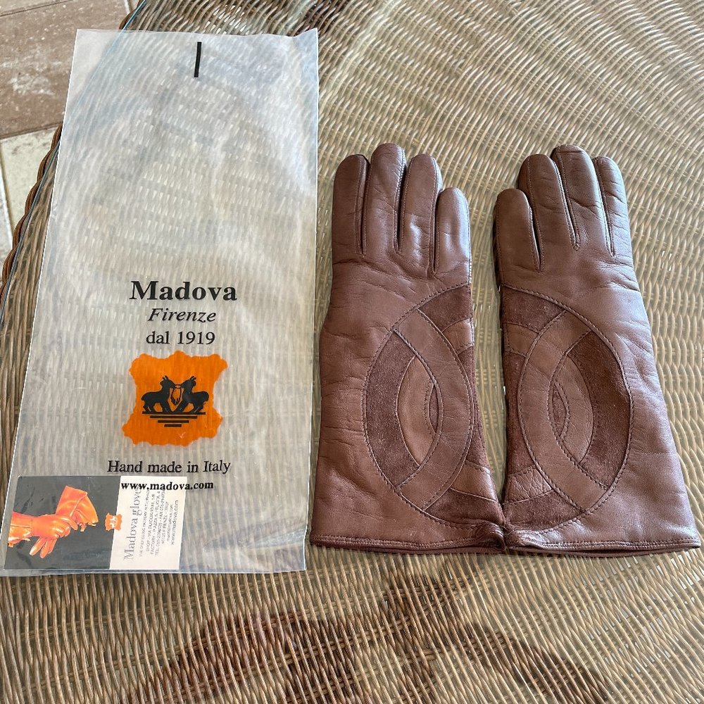 MADOVA LEATHER GLOVES 100% CASHMERE LINED SIZE 7 WOMEN'S MEDIUM BROWN W/SUEDE -